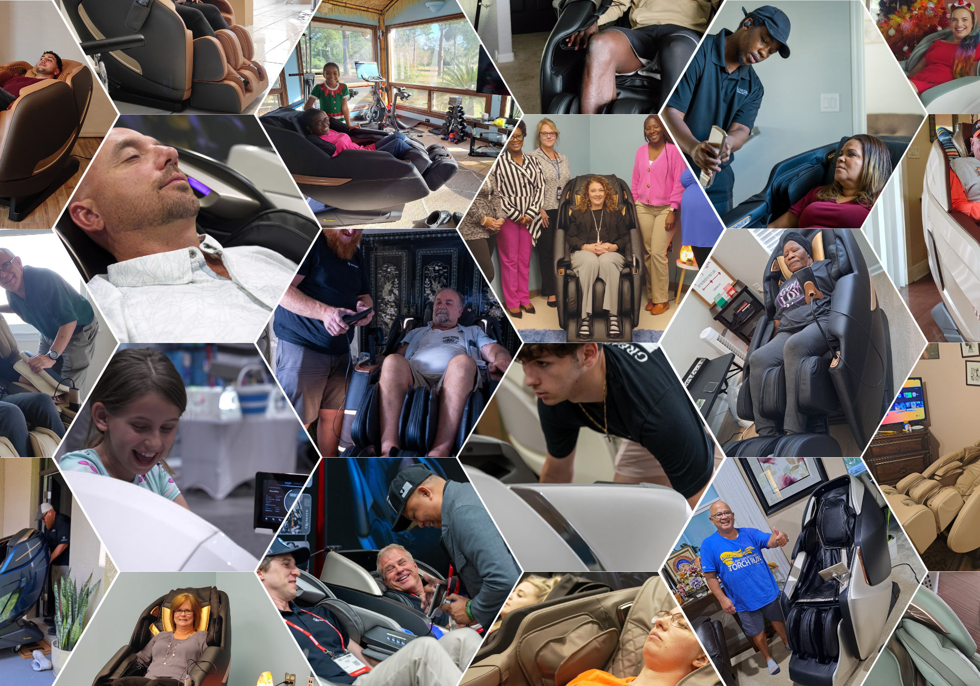 Collage of people using massage chairs in various settings
