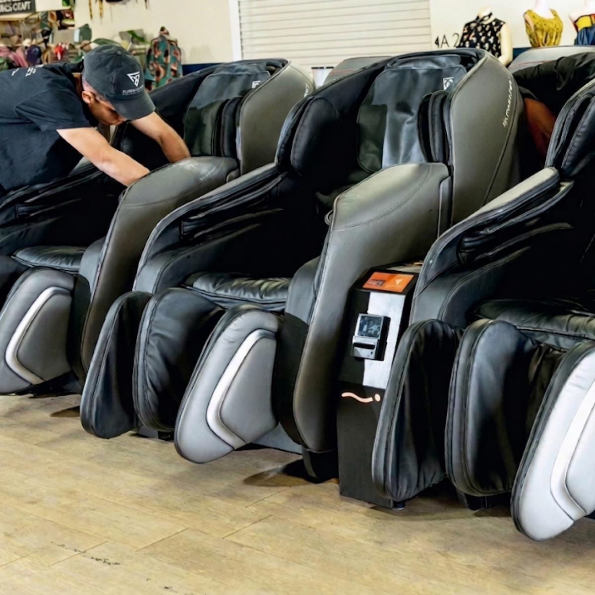 Commercial vending massage chair installation with payment kiosk for malls, travel centers, and retail businesses.