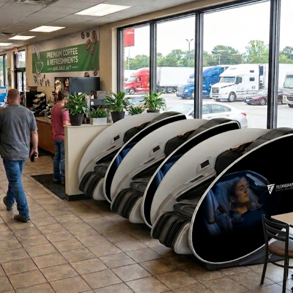 Pay-per-use commercial massage chairs at a truck stop and travel center for professional drivers and travelers.