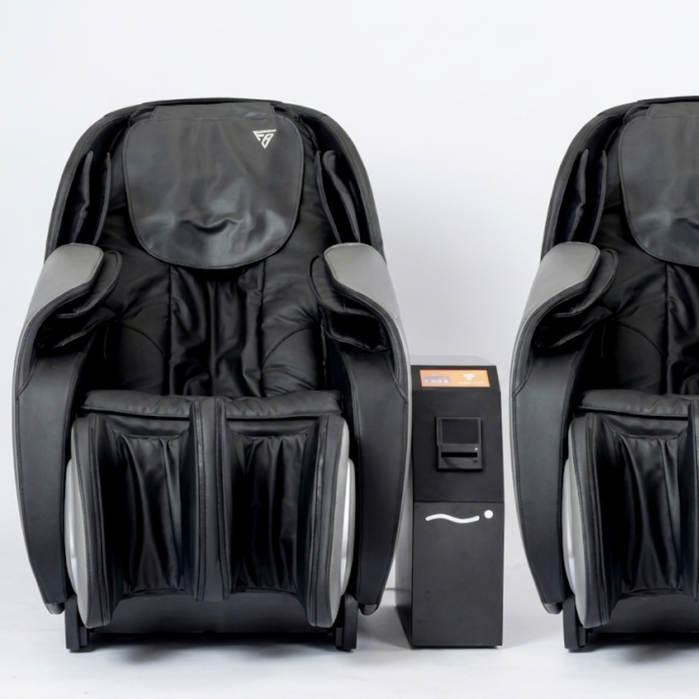 Commercial vending massage chairs with a cashless payment kiosk for airports, malls, and travel centers.
