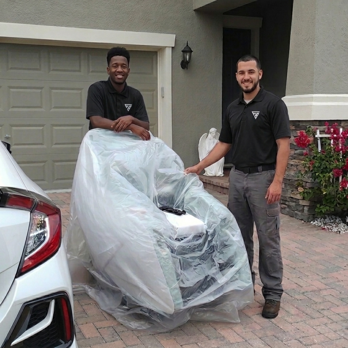 Professional team moving a massage chair upstairs in a Florida home