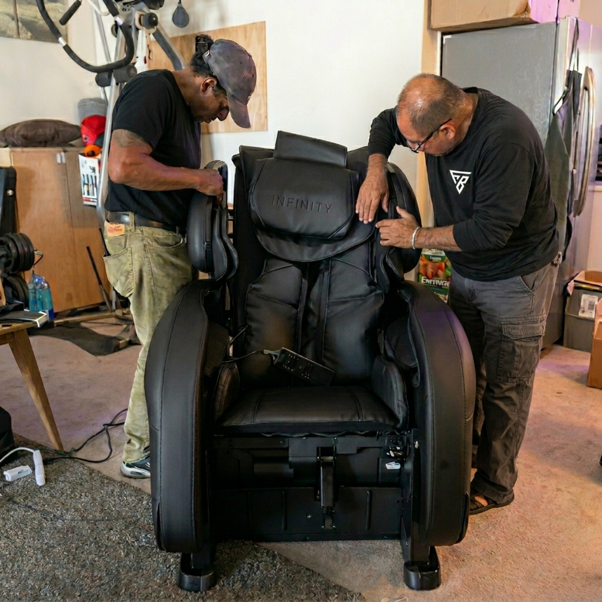 Professional massage chair movers carefully relocating a massage chair in Florida