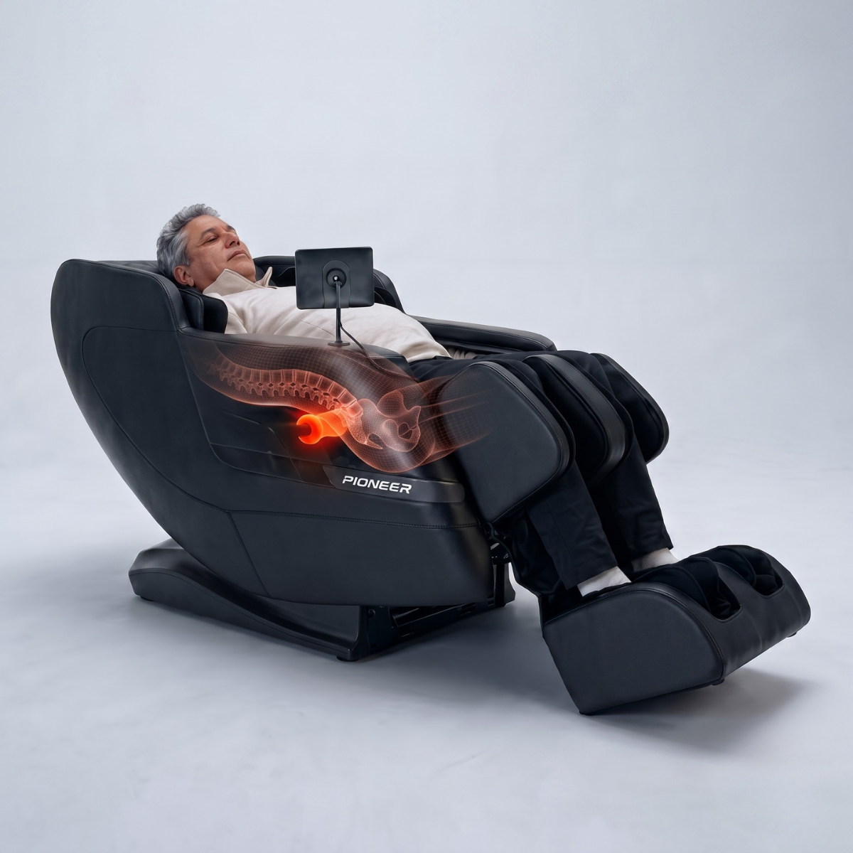 Pioneer 6D massage chair demonstrating Thai-inspired lumbar lift with dual massage rollers supporting and lifting the lower back.