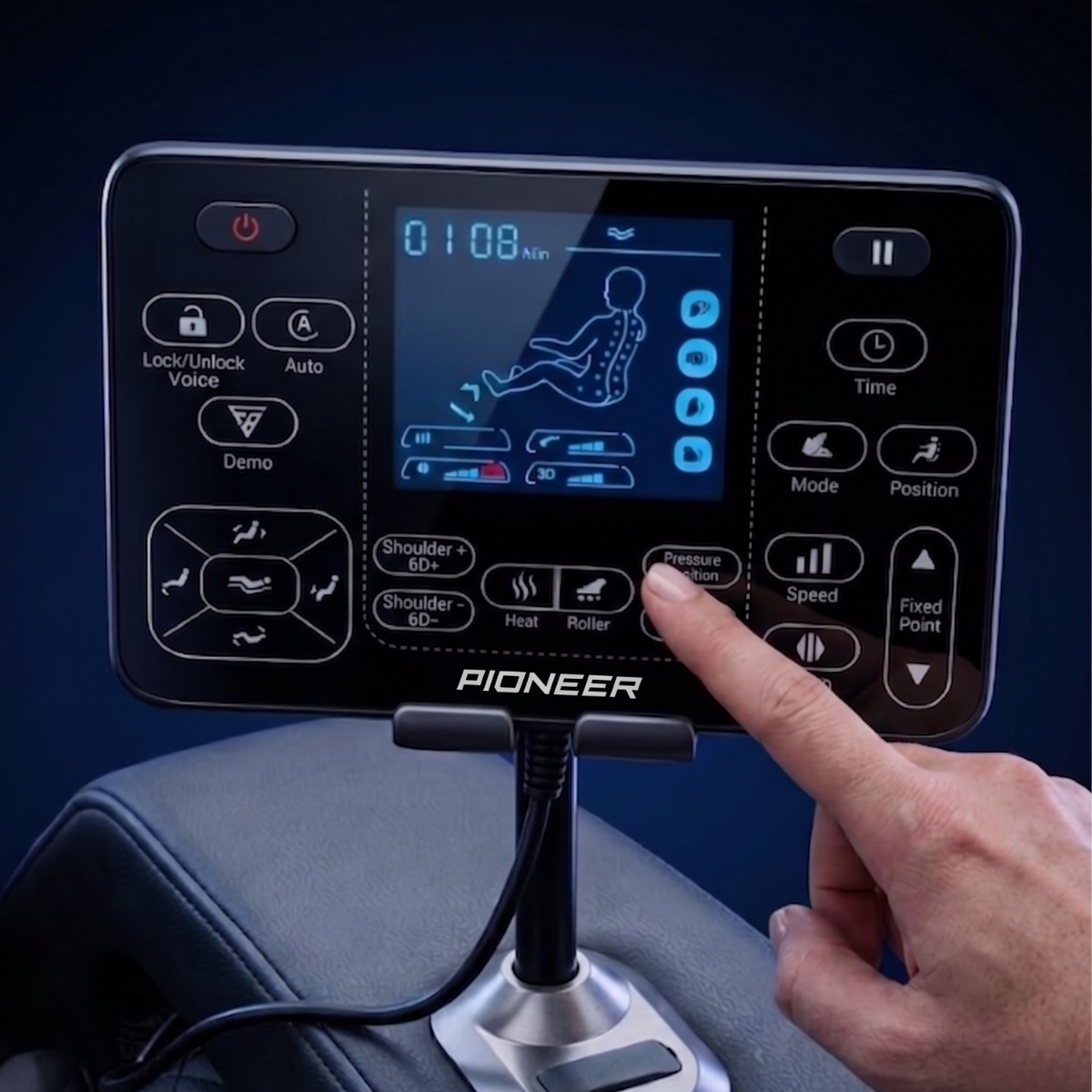 Pioneer 6D massage chair touchscreen controller with 6D settings and hands-on control interface.