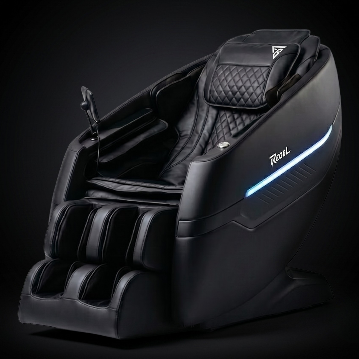 Rebel 4D luxury black massage chair with quilted pillow, zero gravity design, and blue LED side lighting