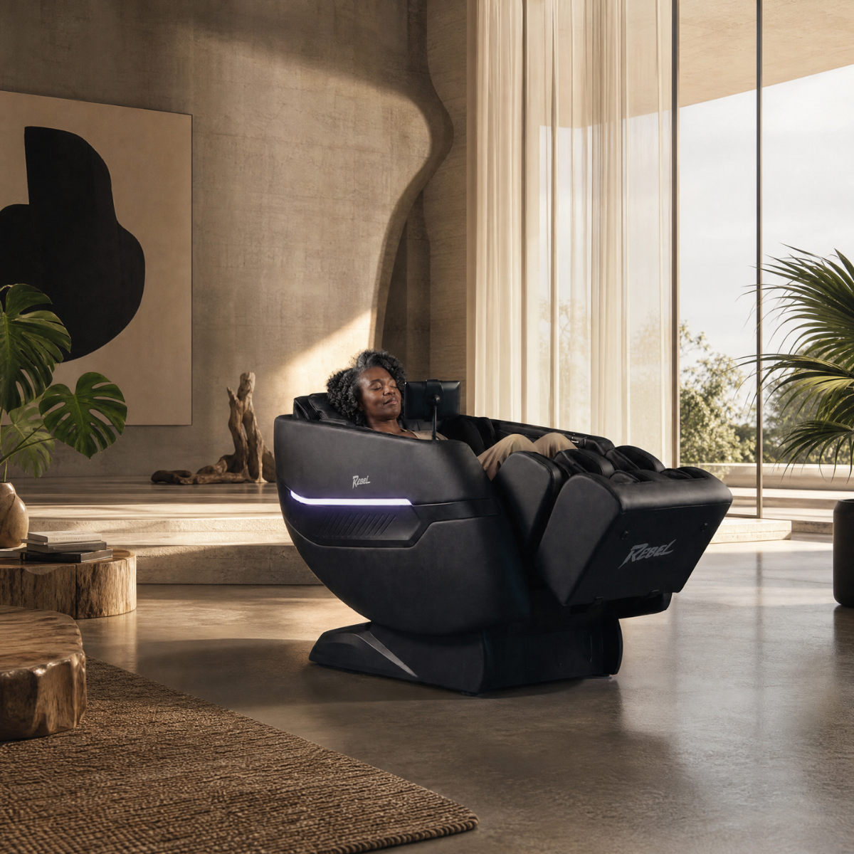 Rebel 4D massage chair in zero gravity recline with a woman relaxing in a modern designer home