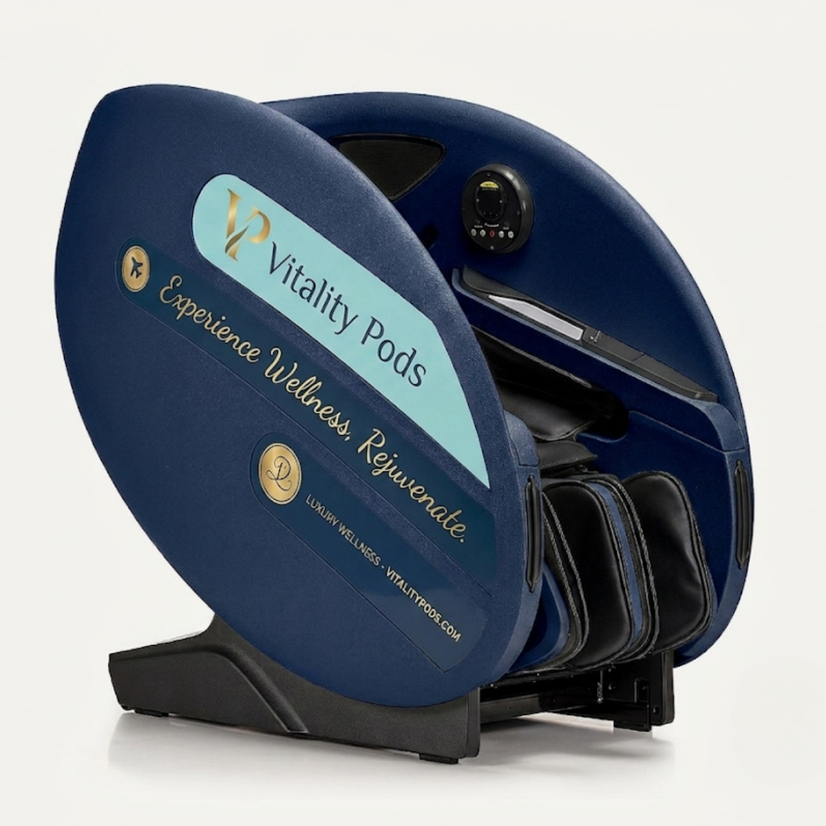 Vitality Pods enclosed commercial massage chair for airports, offices, hotels, and wellness spaces.