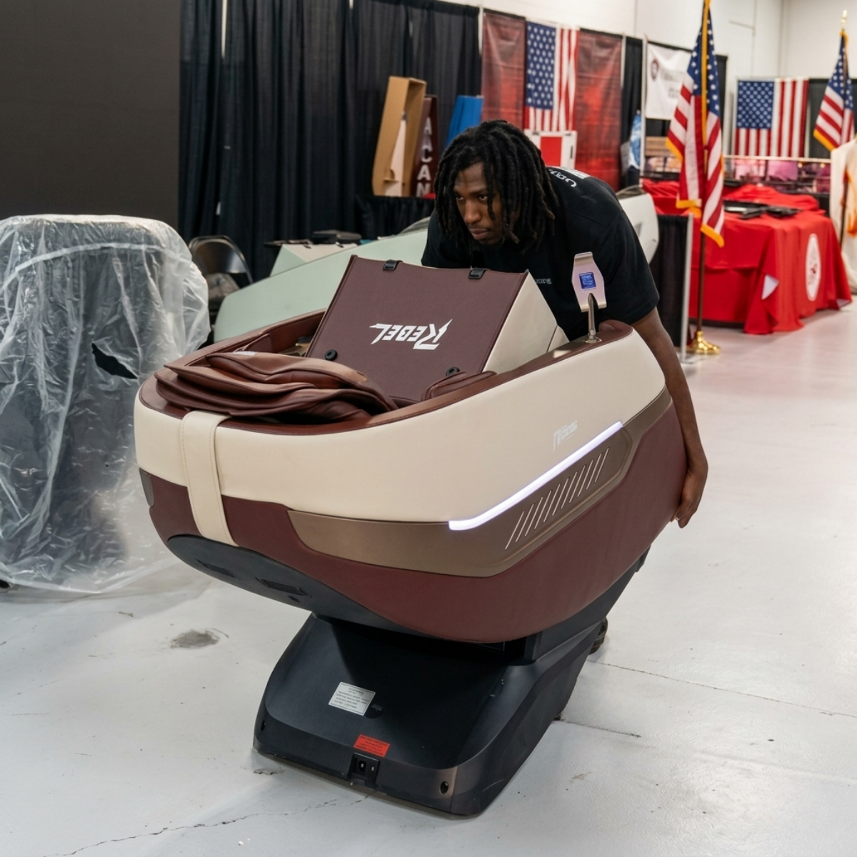 Massage chair moving team safely carrying a chair downstairs in Florida
