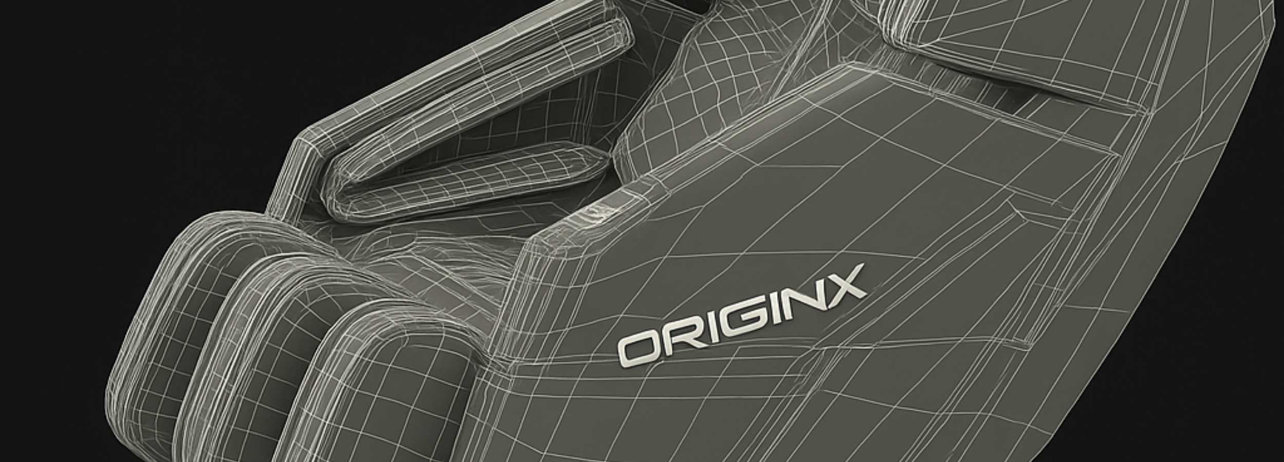 Gray wireframe model of a massage chair with 'OriginX' branding on a black background