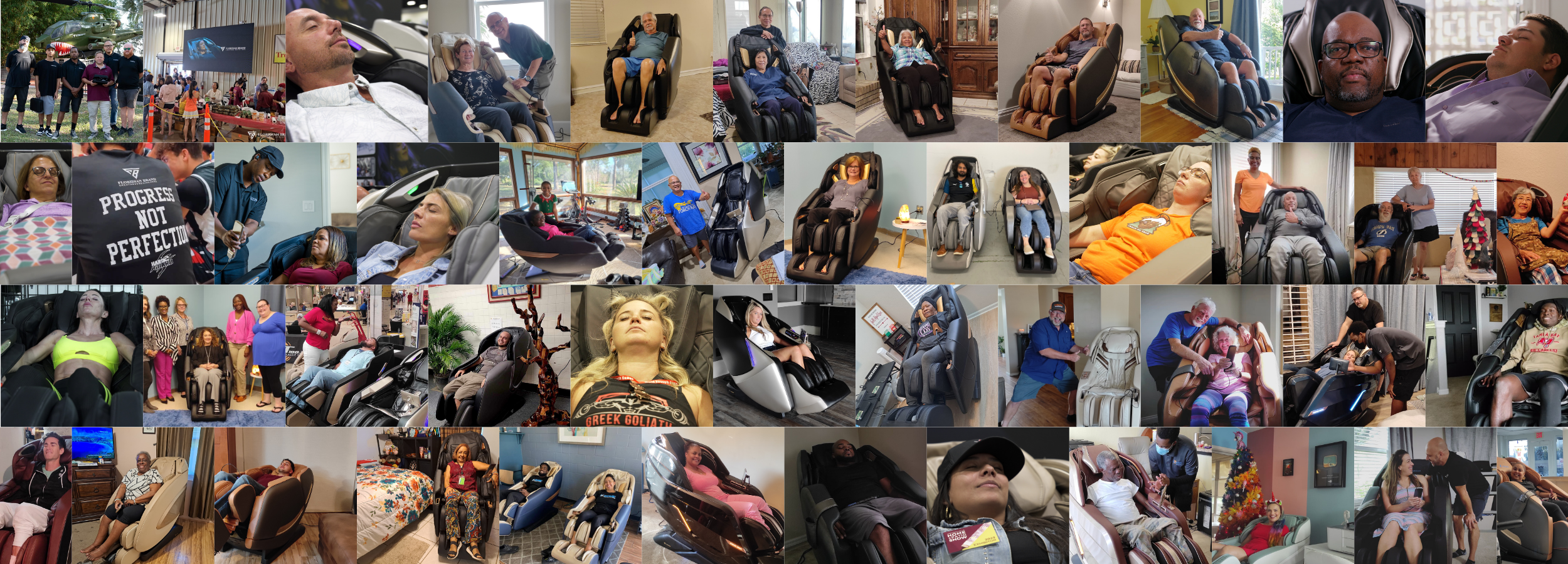 Collage of people using Floridian Brand massage chairs in various settings