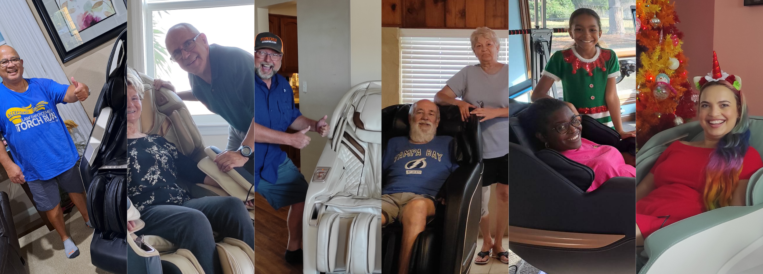 Collage of people using massage chairs in various settings