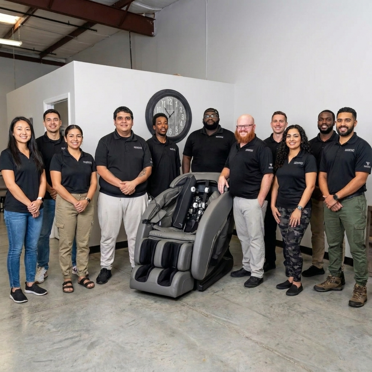 Floridian Brand USA commercial massage chair service and support team standing around an open massage chair.