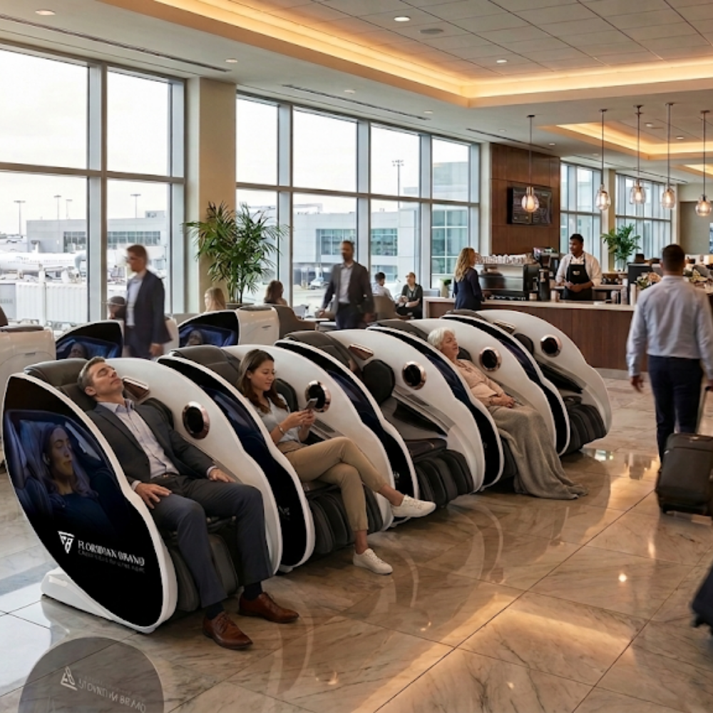 Commercial pay-per-use massage chairs by Floridian Brand USA in a modern airport lounge for travelers to relax between flights.