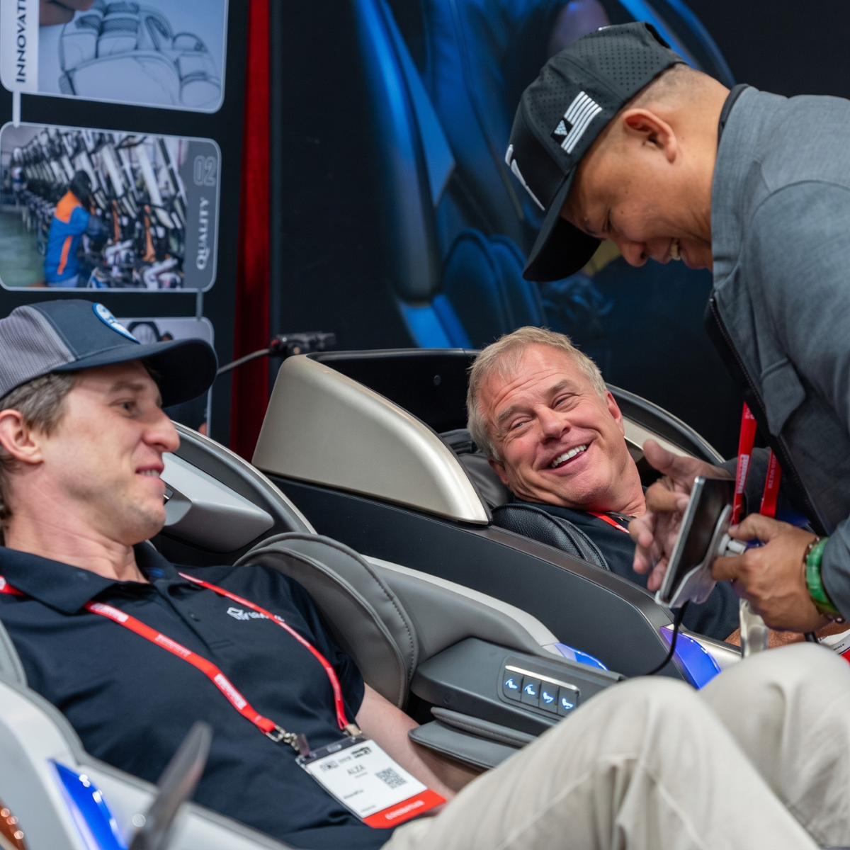 Floridian Brand USA team speaking with customers during a positive massage chair experience