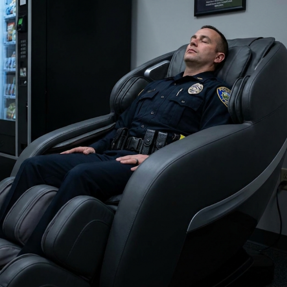 Las Vegas police officers using Floridian Brand massage chairs for recovery and stress relief