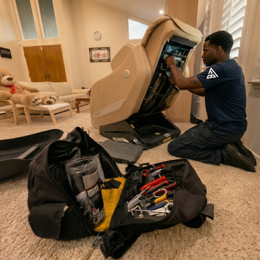 In-home massage chair repair technician servicing a chair near Tampa Florida
