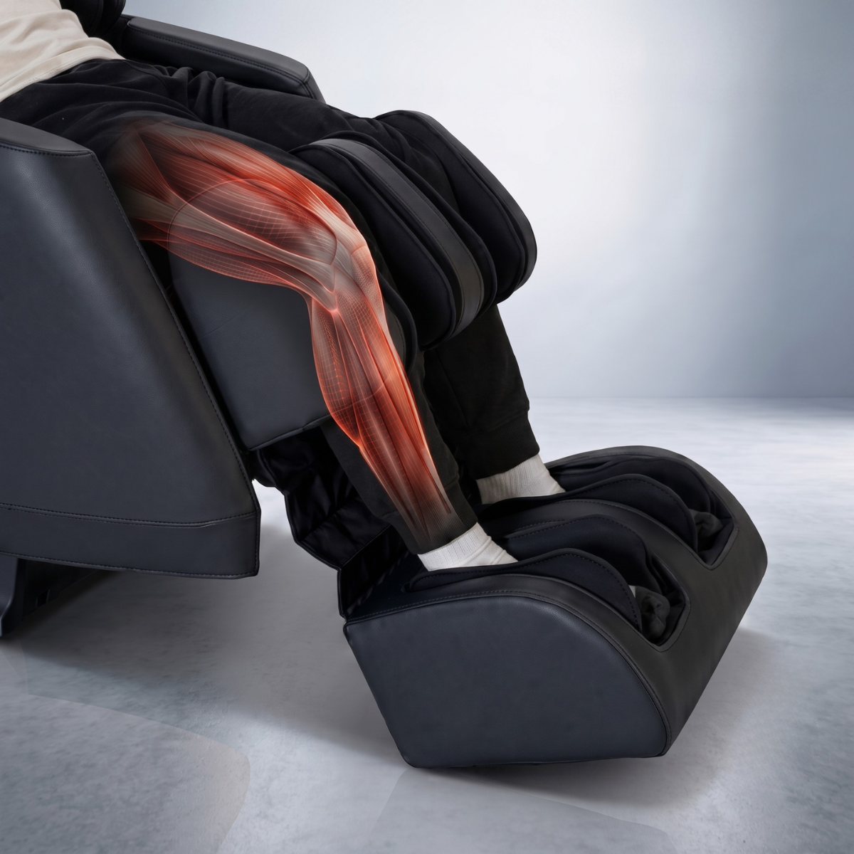 Pioneer 6D massage chair demonstrating the 14-inch extended leg pull with supported calves and lower-body stretch.