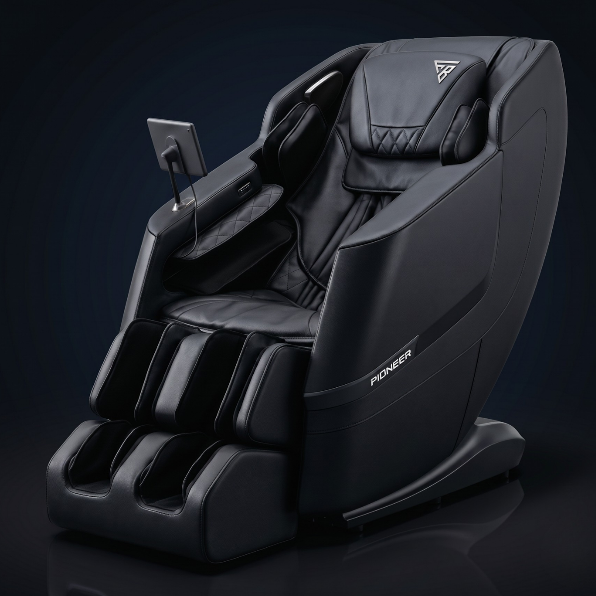 Pioneer 6D massage chair in all-black finish against a dark cinematic studio background.