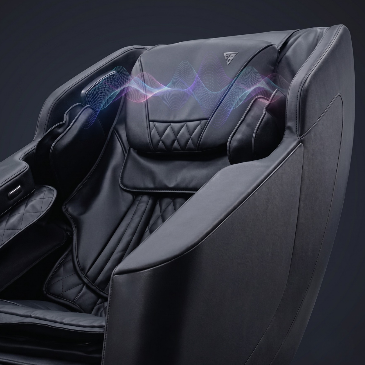 Pioneer 6D massage chair featuring immersive Bluetooth audio with integrated upper speaker system.