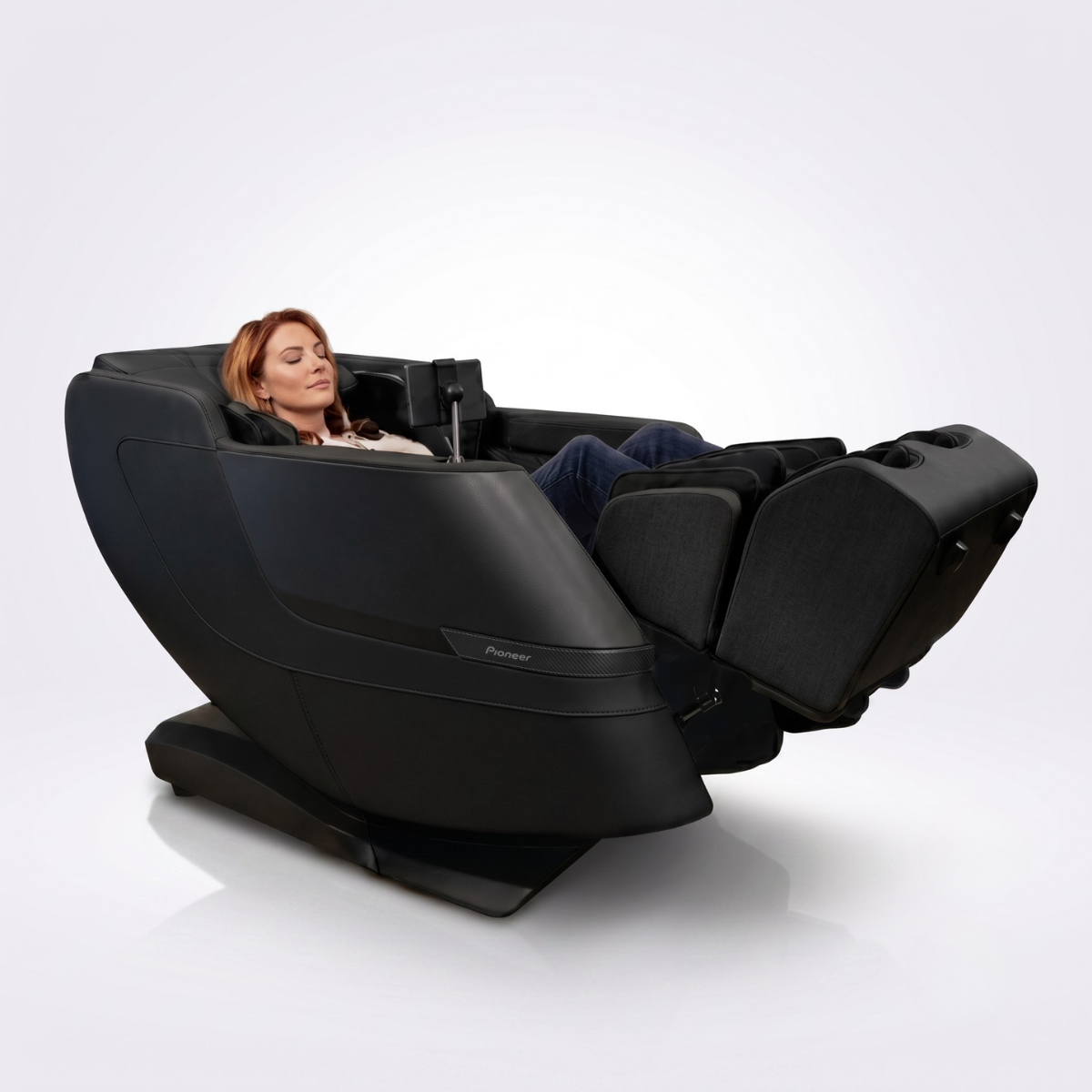 Pioneer 6D massage chair in zero-gravity position supporting the body with elevated legs for balanced full-body relaxation.