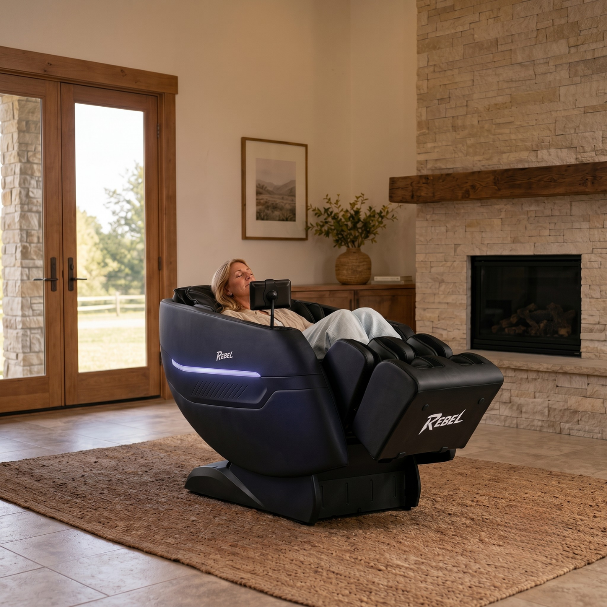 Woman seated in the Rebel 4D massage chair while her husband smiles beside her in a ranch-style home