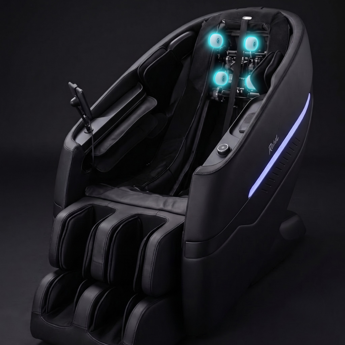 Rebel 4D massage chair close-up showing the intelligent 4D massage mechanism with highlighted rollers