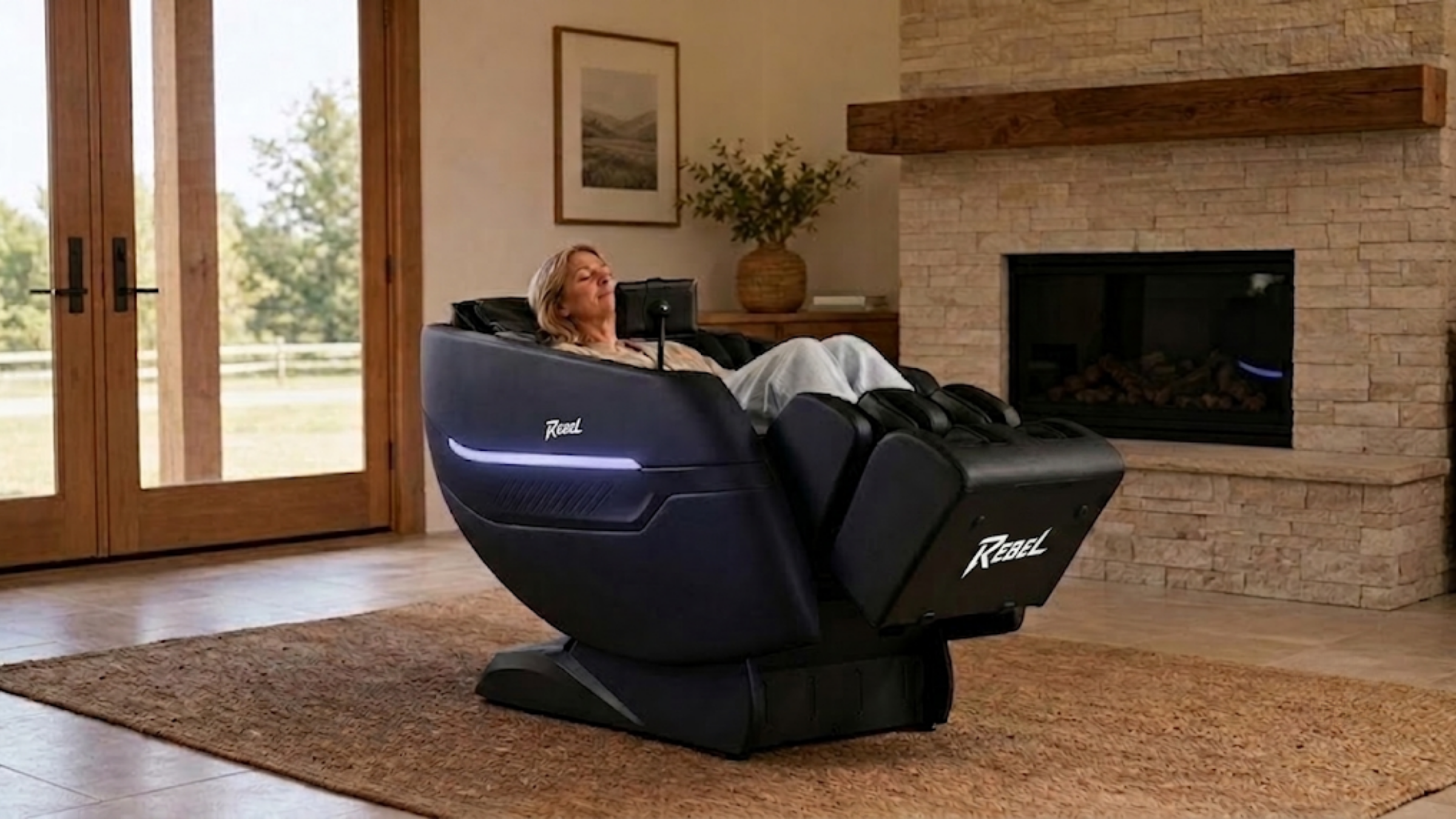 Rebel 4D massage chair in a warm ranch-style home with a woman relaxing in zero gravity