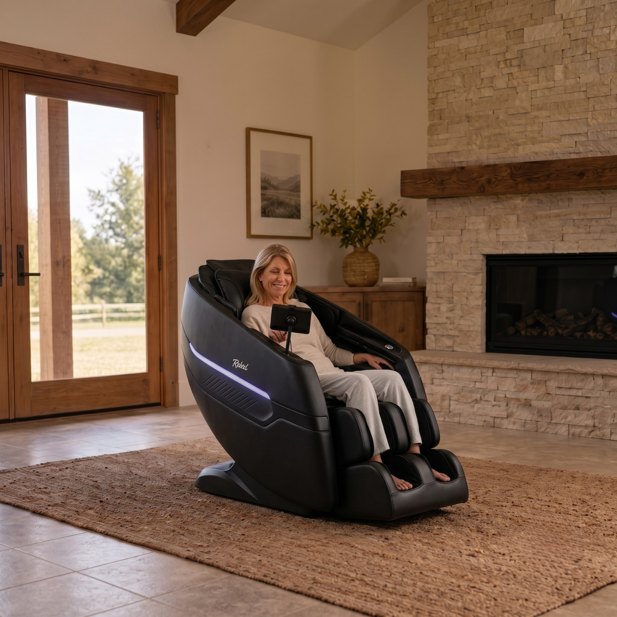 Rebel 4D massage chair in a warm ranch-style home with a woman relaxing
