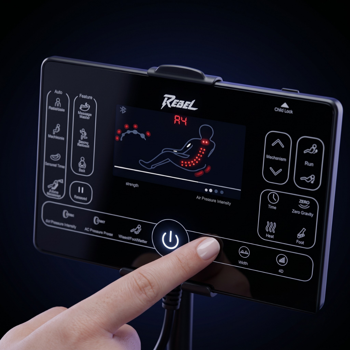 Rebel 4D massage chair SmartTouch tablet control for massage programs recline and comfort settings