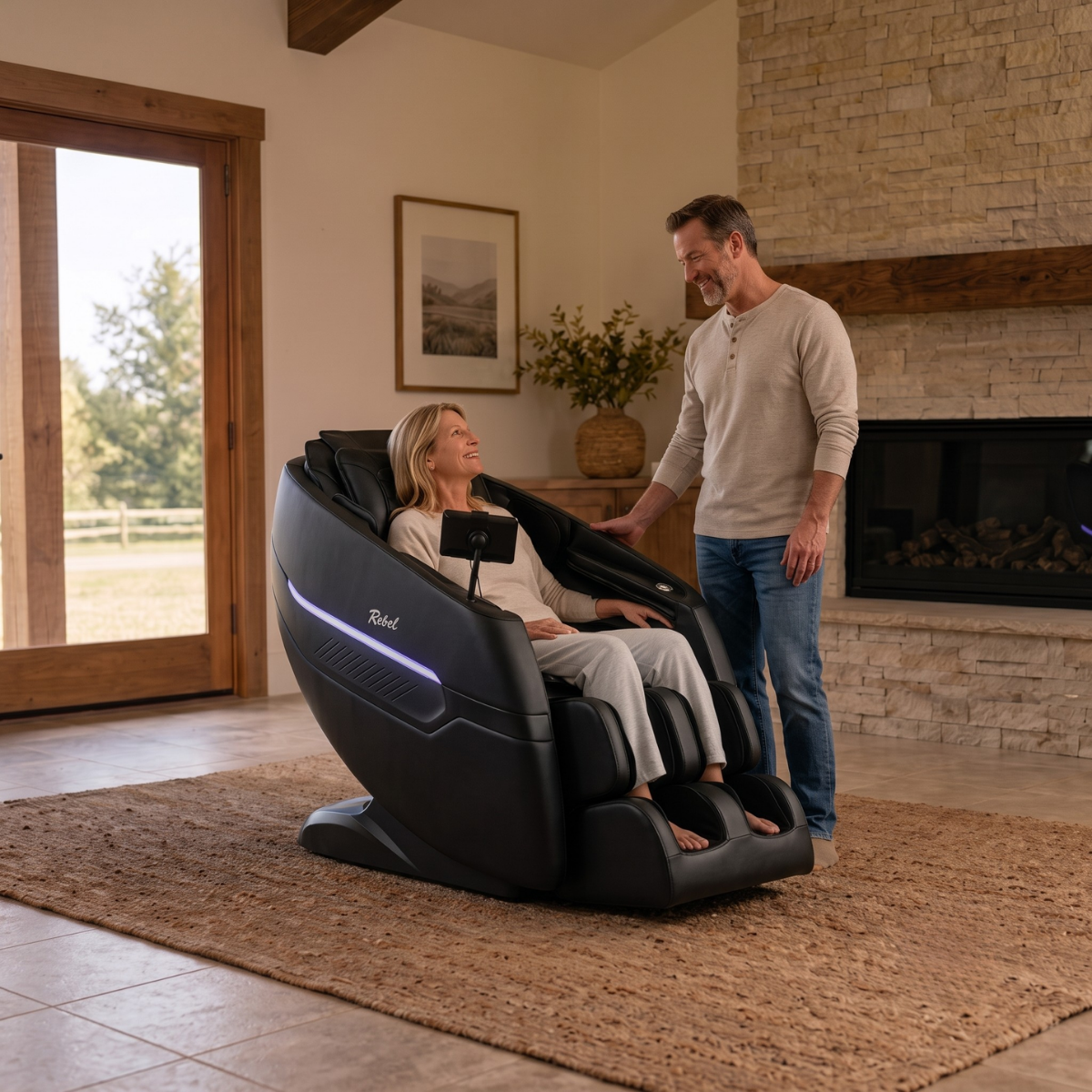 Woman using the Rebel 4D massage chair tablet control in a warm ranch-style home