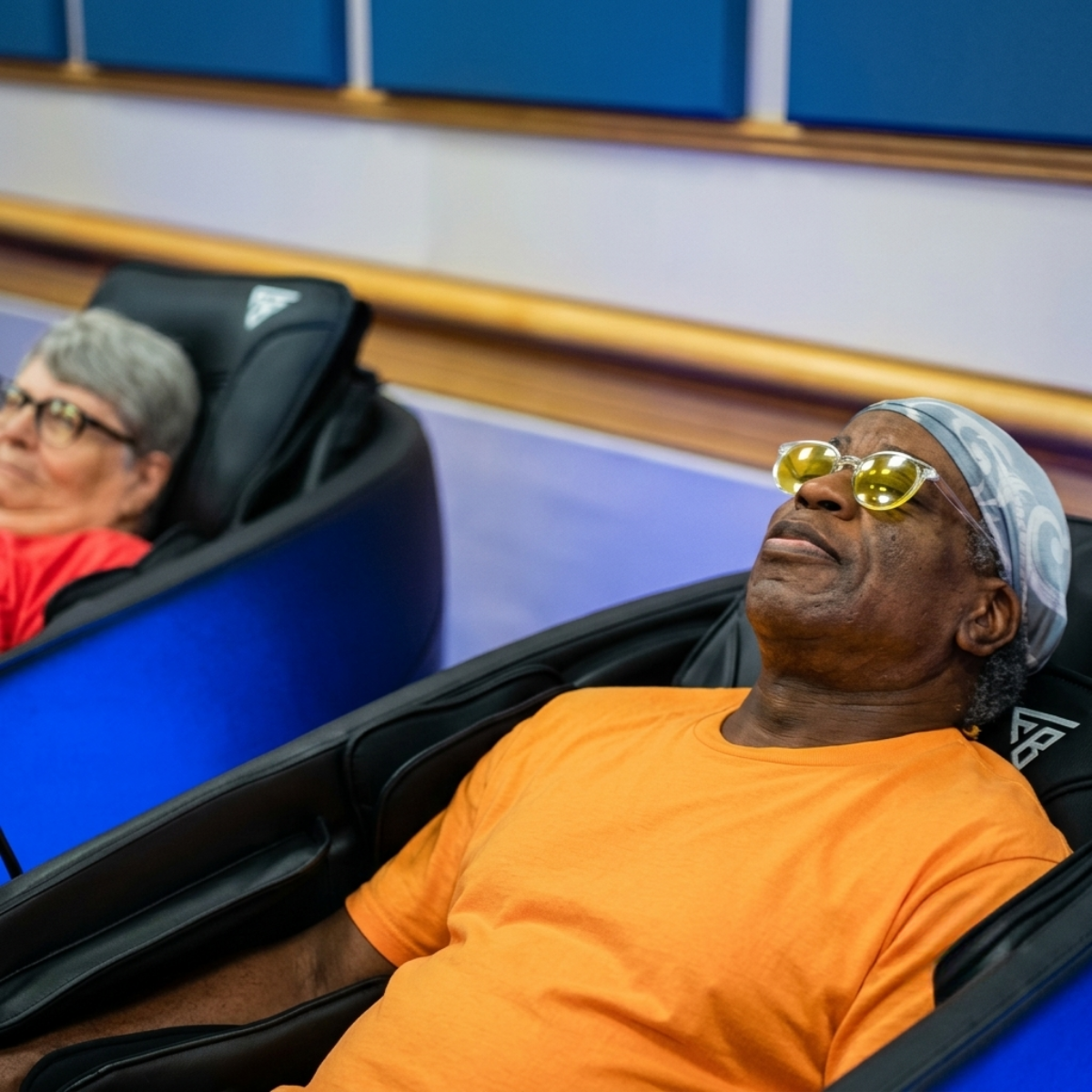 Massage chair recovery space inside the Athlete Village during the 2026 National Veterans Golden Age Games.